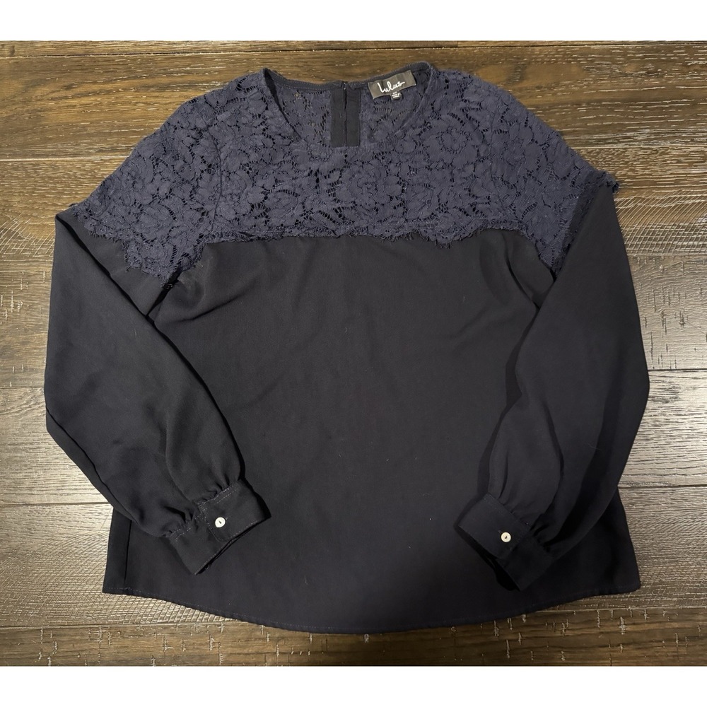 Lulus Picture This Navy Blue Lace Top Blouse Medium M Long Sleeve Sheer Yoke